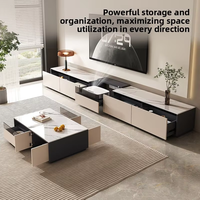 Meuble TV télescopique en bois massif, style luxe léger et moderne, avec table basse intégrée