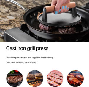 Venta al por mayor de hierro fundido de alta resistencia Urger prensa de tocino triturado carne prensada bistec <span class=keywords><strong>Hamburguesa</strong></span> con mango de madera - Product Image 5