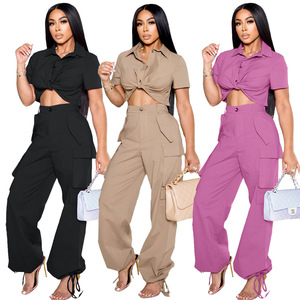 Conjunto de 2 piezas de moda para mujer, camisa de manga corta informal con patrón sólido y pantalones Cargo, pantalones cortos a juego, Tallas cortas - Product Image 1