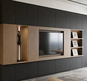 Meuble TV mural sur mesure, design moderne bicolore avec panneaux nervurés rétroéclairés et niche d'exposition pour salons intelligents - Product Image 4