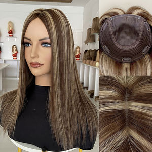 Listo para Enviar: Topper de Cabello con Base de Seda Marrón con Reflejos, Alta Calidad, 7.5x7.5, Piezas de Cabello con Base de Seda para Mujer, Topper con Nudos Invisibles - Product Image 4