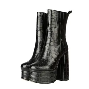 Brillante Argento di Alta Della Piattaforma Mid-Calf Side Zip Donna Stivali Punta Rotonda di Pietra Della Stampa di Grande Formato Del Partito Tacco Grosso stivaletti Per Le Signore