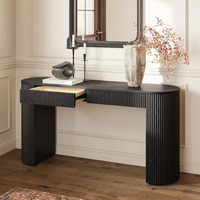 Table console en marbre noir Dream Home avec cadre cannelé style piste de course, tiroir et base de rangement à panneaux nervurés, meuble d'entrée