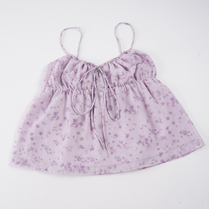 French Romantic Lilac Floral Print Ruched <b>Tie</b> Front Babydoll Hem Cami Top Fresh Girl Versatile Cool Sleeveless Top - Product Image 6