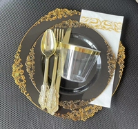 Lot de 175 ensembles de vaisselle assiettes blanches avec motif de fleurs d'or pour 25 invités vaisselle jetable en plastique robuste pour la fête
