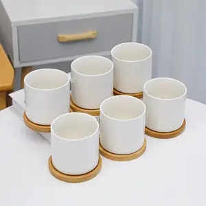 Sublimation DIY home ceramic flowerpot desktop with bamboo base blank flower pot for office useful