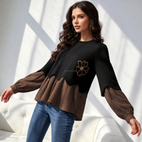 Sweat-shirt deux pièces personnalisé OEM pour femme, motif floral, patchwork rayé, pull à ourlet ondulé, manches ballon, hauts décontractés noirs