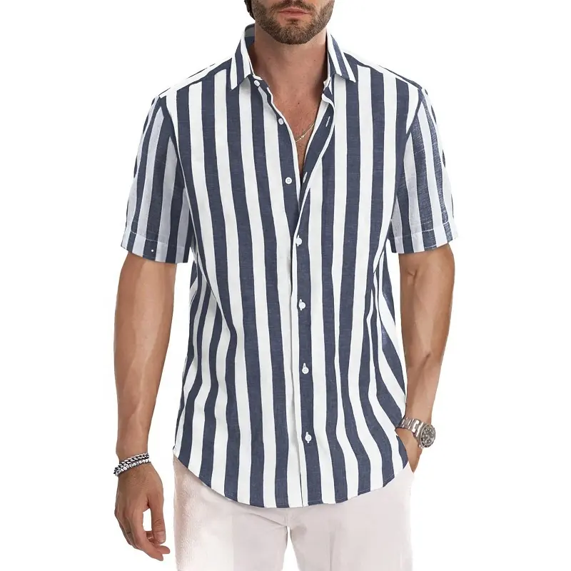 Fashion Casual Short Sleeve Shirt Breathable Regular-Fit Shirts Men's Casual Short Sleeve Button-Up Striped Dress Shirts