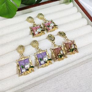 Nouveautés <span class=keywords><strong>Peinture</strong></span> à l'huile française <span class=keywords><strong>Jardin</strong></span> de <span class=keywords><strong>Monet</strong></span> Motif de fleurs Boucles d'oreilles goutte Vintage Plaqué or Rectangle Perle Boucles d'oreilles - Product Image 2