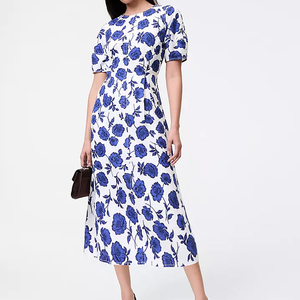 Floral Linen Blend Eco-Friendly Breathable A-Line Casual Loose Fit <strong>Midi</strong> <strong>Dress</strong> OEM Service - Product Image 1