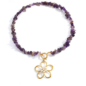 Collier en acier inoxydable avec pendentif fleur en perle, perles en pierre naturelle, plaqué or 18 carats, style vacances à la plage, printemps été - Product Image 5