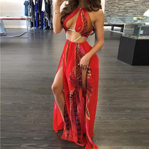 Della signora di stampa <span class=keywords><strong>Rosso</strong></span> Floreale Cut-Out Halter Maxi <span class=keywords><strong>Abito</strong></span> In Chiffon di Alta Fessura Vestito Da Estate di Vacanza tie chiusura dettaglio banchetto di notte vestito - Product Image 5