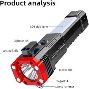 ไฟฉาย LED มัลติฟังก์ชั่น ค้อนทุบกระจกรถยนต์ ไฟฉายชาร์จ USB ไฟฉายค้นหาสำหรับใช้ในบ้านและนอกบ้าน - Product Image 2