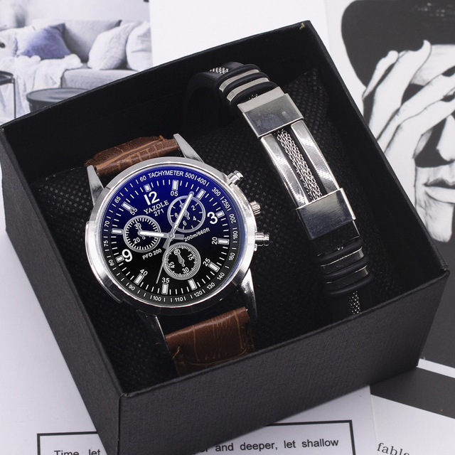 Watch +Box +Bracelet High Quality Men Watches Set Bracelet Sport Men Wrist Watch Alloy Case Leather Band 6053