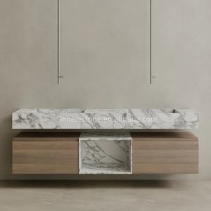 Meuble sous lavabo double flottant en marbre Arabescato Orobico Meuble de salle de bain mural surdimensionné avec tiroirs de rangement en bois - Product Image 2