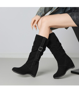 Brown Suede <b>Knee</b>-<b>High</b> Boots Round Toe Wedge Heel Buckle Strap Comfort Wear Drop Shipping - Product Image 5