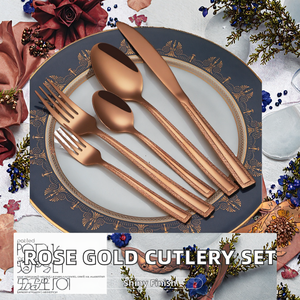 Ensemble de couverts en acier inoxydable de style américain de haute qualité en or rose durable - Cuillères et couteaux polis miroir pour les mariages - Product Image 2