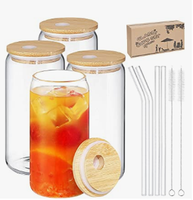 JM LFGB Promotion : Verre à boisson personnalisé 16oz pour soda, café, jus, bière, avec couvercle en bambou et paille, type canette, gobelet, mug