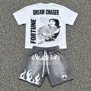 Ensemble décontracté <span class=keywords><strong>homme</strong></span> streetwear américain vintage délavé, t-shirt à <span class=keywords><strong>manches</strong></span> <span class=keywords><strong>courtes</strong></span> et short, effet vieilli, délavé à l'acide, pour voyage et activités de plein air - Product Image 3