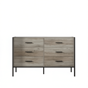 Cómoda de Madera Maciza con 6 Cajones, 48 Pulgadas, Color Gris Rústico, Estructura de Acero, Mueble de Almacenamiento para Sala de Estar o Dormitorio - Product Image 1