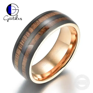 Gentdes gioielli vendite calde 8mm cupola in legno di noce spazzolato intarsio da uomo in oro rosa anello di tungsteno Comfort adatto per fede nuziale - Product Image 4