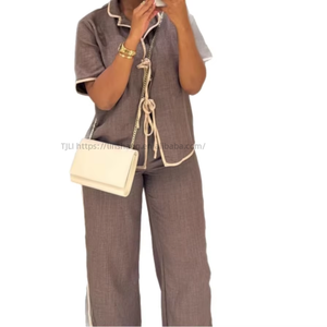 Women's Contrast Trim 2 Piece <b>Set</b> - <b>Tie</b> Front Short Sleeve Shirt & Wide Leg Pants African Women <b>Sets</b> Fashion - Product Image 1