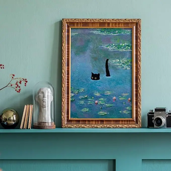 Famous Floral Funny Black Cat Vintage Water Lillies Aesthetic Canvas Wall Art Flowers Landscape Prints Painting