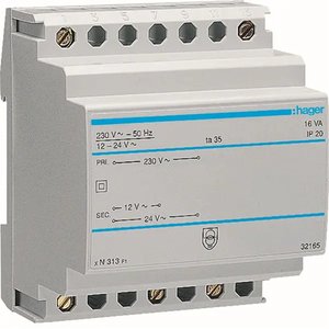 Trasformatore di sicurezza Hager da 230V a 12/24V AC 16VA, 4 moduli DIN - Product Image 1