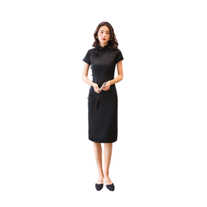 Gary doble capa color sólido negro <span class=keywords><strong>Qi</strong></span> <span class=keywords><strong>Pao</strong></span> de longitud media chino elegante temperamento cheongsam vestido de fábrica - Product Image 1