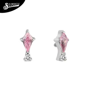 Custom Titanium Prong Setting Pink CZ Zircon Body Piercing Jewelry Externally Threaded Accessory Hanging Ring Top Ends Charms