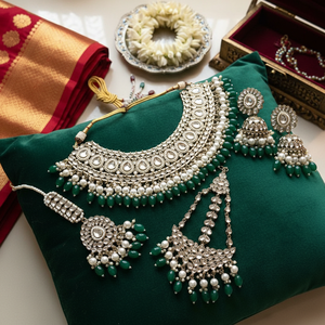 Ethnic High Quality Gold-Plated Latest Designed Bridal Wedding Choker Necklace Earring <b>Set</b> Green Enamel Turquoise <b>Beads</b> Fashion - Product Image 3