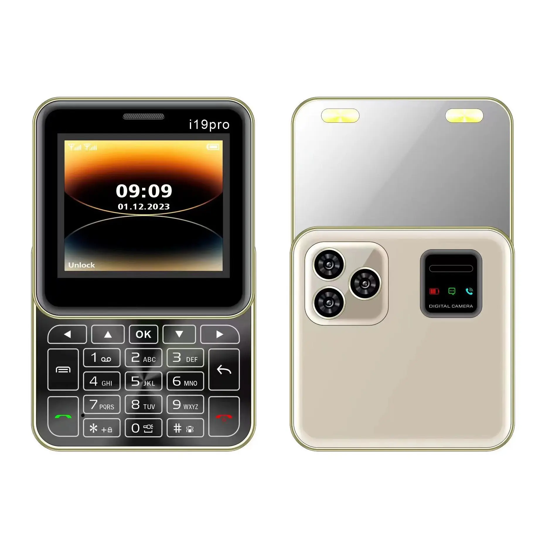 Mini botão deslizante giratório bonito para celular de 2.4 polegadas, botão duplo SIM dois tocha, voz mágica, telefone celular quadrado pequeno para lista negra.