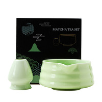 Ensemble de thé matcha de style japonais en céramique avec bol vert mat et rose pour la cérémonie du thé - Nouveau produit transfrontalier