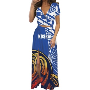 Robe polynésienne Kosrae avec fente Style vague Tribal col en <span class=keywords><strong>V</strong></span> profond robes de soirée fendu Sexy 2 pièces tenues robe jupe ensemble <span class=keywords><strong>POD</strong></span> - Product Image 1