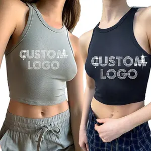 Logo Sexy Ladies White Cotton Black Diamond Halter Tube Crop Ribbed Tank Top CV02 Girl Custom Embroidered Women Terry Short 2pcs