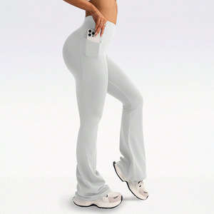 <span class=keywords><strong>Pantalon</strong></span> de yoga évasé pour femme, coupe large, légèrement évasé, longueur intégrale, effet ventre plat, color block, couleur pêche, style international - Product Image 5