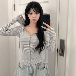 Women Sweet <b>Striped</b> Hooded Cardigan | Slim Fit <b>Cropped</b> Zip Up Long Sleeve Jacket Preppy Casual Daily Wear <b>Top</b> - Product Image 5