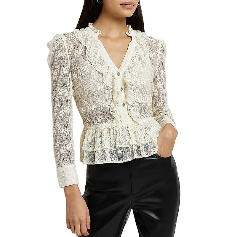Spring Summer Long Puff Sleeves V Neck Casual Lace Shirts OEM ODM Women Tiered Peplum Hem Blouses