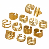 Vintage Geometrischer Breiter Edelstahlring 18K Vergoldet mit Kristall-Strass-Einlage und Hakenmuster, Verstellbar und Wasserdicht