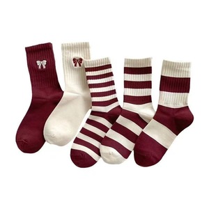 Spring Summer Cotton <b>Knee</b> <b>High</b> <b>Socks</b> Striped Bow Design Breathable Sweat Absorbing For Women - Product Image 4