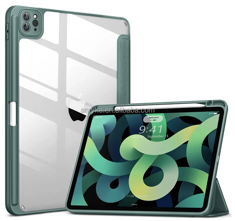 Funda de cuero de tres pliegues para iPad Pro 12,9 6th/5th/4th/3rd Generation 2022 2021 2020, funda trasera acrílica transparente para lápiz de tableta