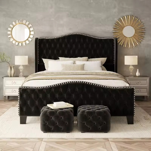 Struttura letto in legno massello con tessuto in velluto nero per camera da letto e arredamento domestico - Product Image 2