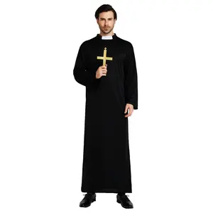 2024男士牧师服装万圣节派对装传统法衣，长袍衣领和腰带