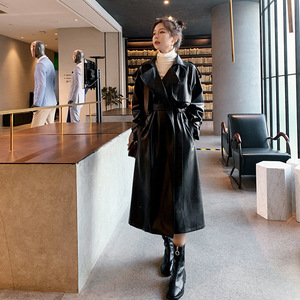 Stile britannico Vintage primavera autunno inverno giacca cintura per signore <span class=keywords><strong>nero</strong></span> lungo in <span class=keywords><strong>pelle</strong></span> <span class=keywords><strong>Trench</strong></span> <span class=keywords><strong>donna</strong></span> - Product Image 4