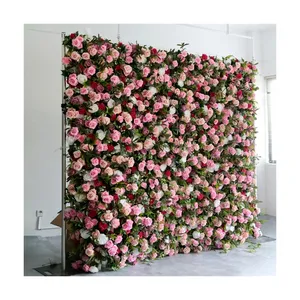 LFB1597-cloth 5D Roll Up Flower Wall Backdrop Artificial Pink Rose Flower Wedding Floral Greenery Wall Panel