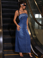 Femmes été sans bretelles Maxi robe Sexy maigre Style Simple robe moulante cintrée taille décontracté moulante longue robe faite Denim