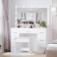 Table de maquillage moderne en bois blanc pour chambre et salle de bain avec miroir réglable, lumières LED, 7 tiroirs et tabouret pour femmes