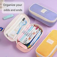 Trousse à crayons à 3 couches, organisateur de papeterie de grande capacité, pochette à stylos de couleur unie, sac de rangement pour fournitures scolaires à fermeture éclair pour étudiants