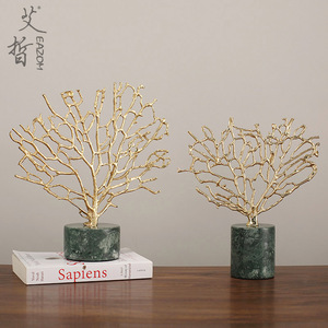 Modern Minimalist Brass Coral Tree <b>Ornament</b> Marble Base 2Pcs Living Room Decor - Product Image 1