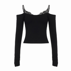 Blusa de punto transpirable para mujer con encaje y patchwork, manga larga, cuello en V, camisola corta, ajuste ceñido, sexy, de dos capas - Product Image 6